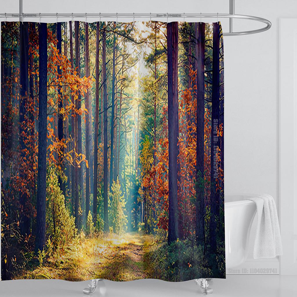 Modern 3D Printing Forest Refreshing Scenery Shower Curtain Waterproof Landscape Green Plant Mountain With Hooks Bathroom Decor