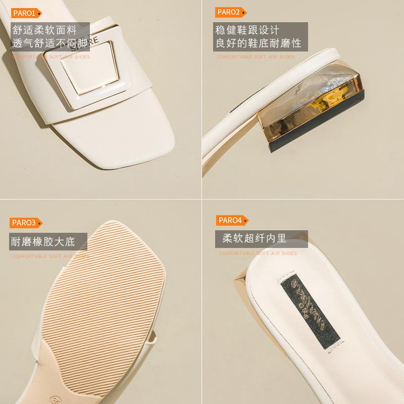 Fashion square buckle low heel slippers women solid leather flip flops metal heel ladies outdoor slides summer shoes sandalias de mujer