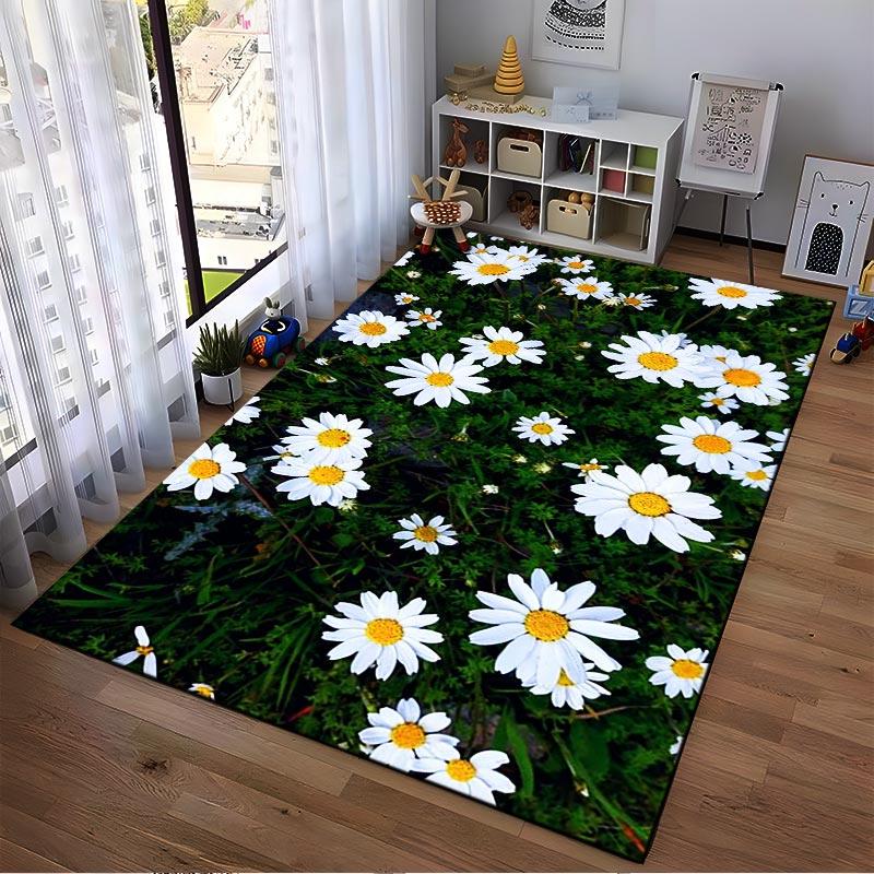 "White Daisy Floral Pattern Carpet with Green Grass Background Design" Suitable for Use As an Anti-slip for Living Room Bedroom Sofas