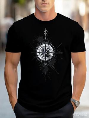 Men Casual Short Sleeve TShirt with Compass Print Breathable Polyester Round Neck Tee Machine Washable Lightweight Summer Top
