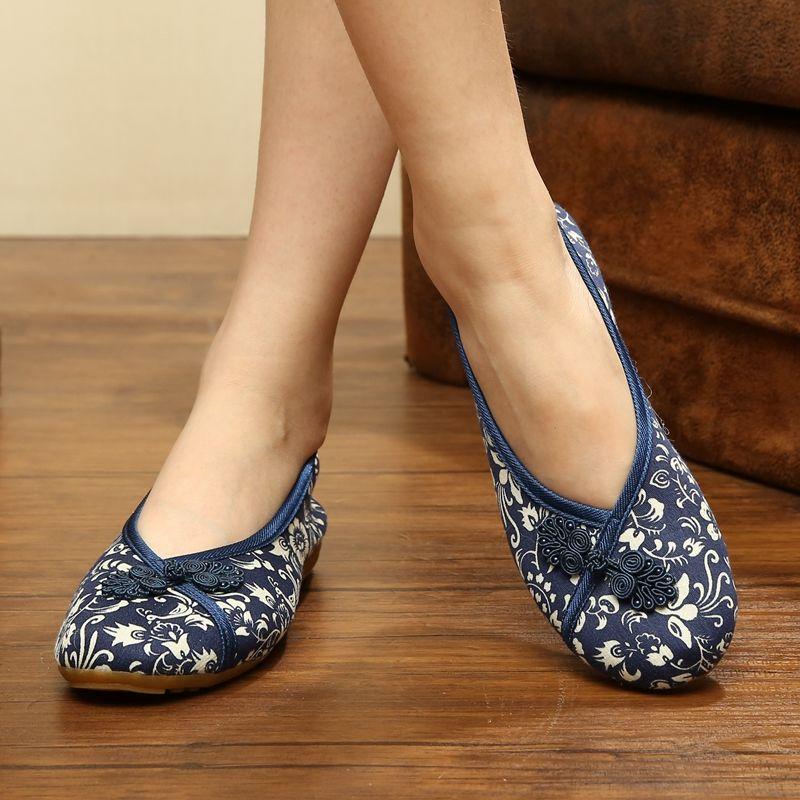 Damskie buty tekstylne w stylu retro Miękkie dno antypoślizgowe Oddychające codzienne nadruki z guzikami Buty robocze z płaskim dnem Wiosna Lato