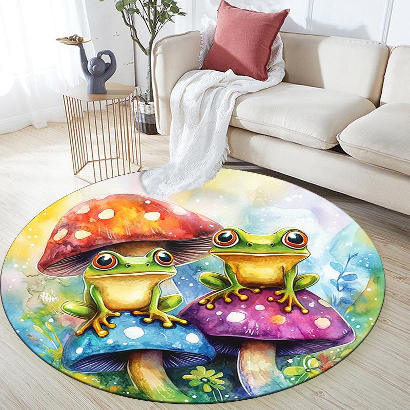 Frog Toad Mushroom Round Area Rug,Carpet Rug for Living Room Bedroom Sofa Playroom Decor,Non-slip Floor Mat