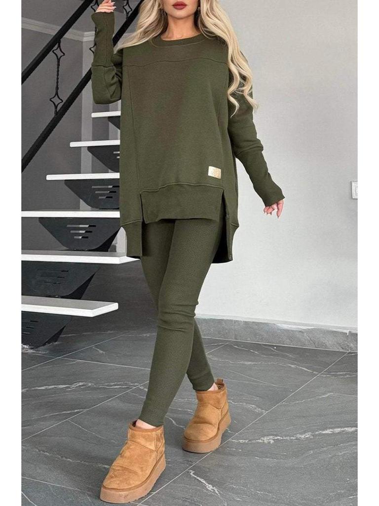 2025 Women's Autumn/Winter Casual Solid Color Long Sleeve Slit Top Set
