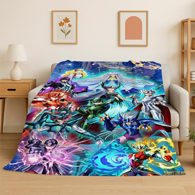 Retro Saint Seiya Anime Cartoon Flannel Blanket Soft Warm Throw Blanket for Bedroom Living Room Bed Travel Camping Picnic Gift