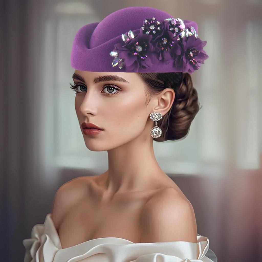 Cappello Pillbox da Donna Fiori Berretti Vintage Britannici in Feltro Cappellino per Chiesa Festa del Tè Accessorio