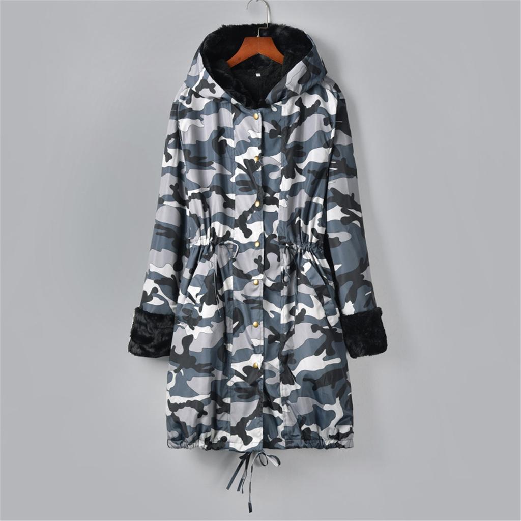Women's Faux-Fur Shaggy Winter Camo-Coat Long Sleeve Open Front Outwear Fishtail Hooded Jacket