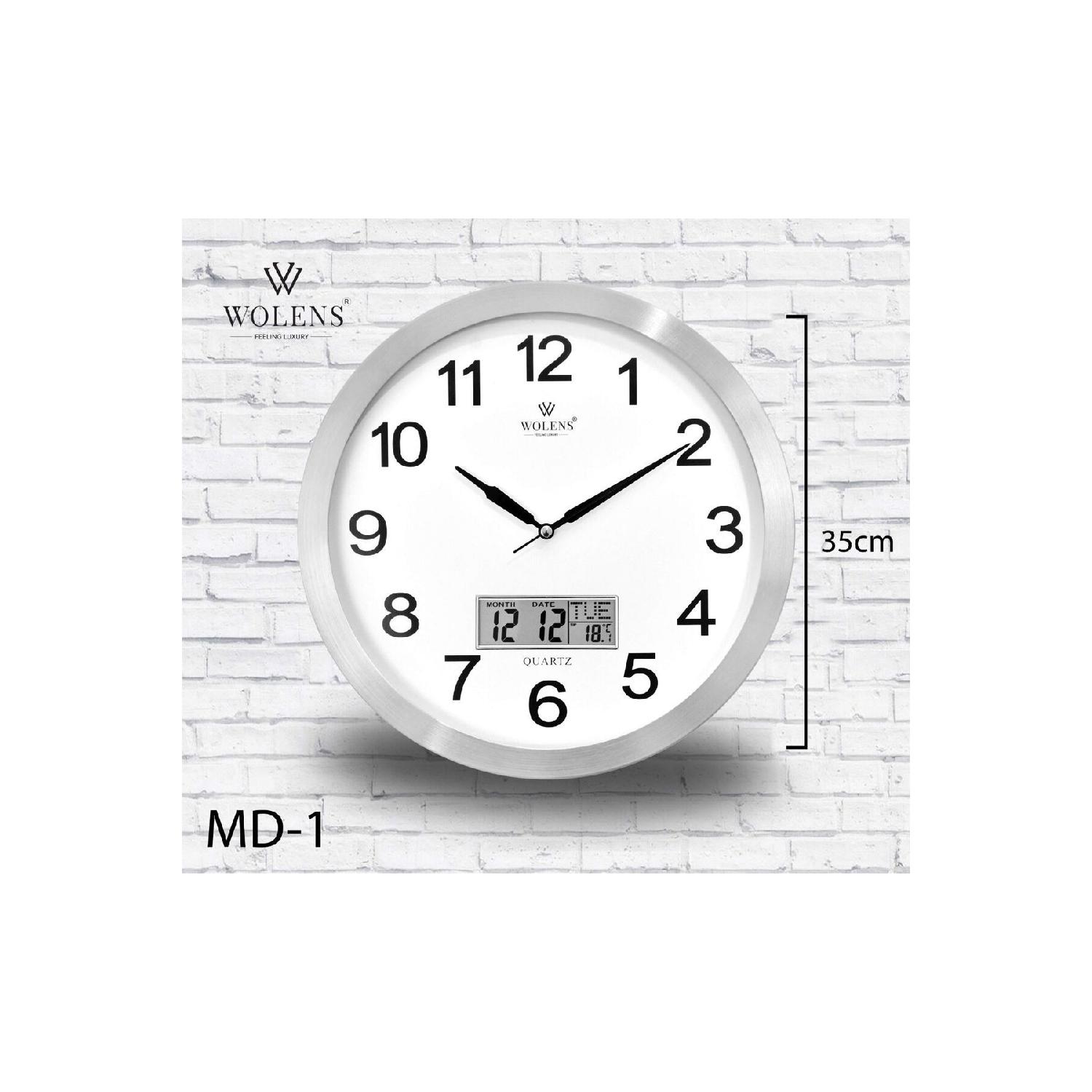 

Wolens Matte Aluminum Date-thermometer Office Wall Clock 35cm Real Glass чистый