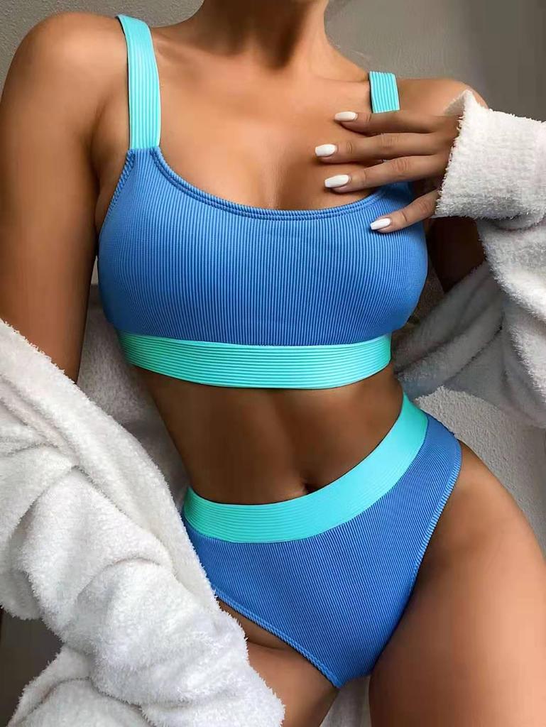 European and American Style High-Waisted Solid Color Bikini Swimsuit for Women