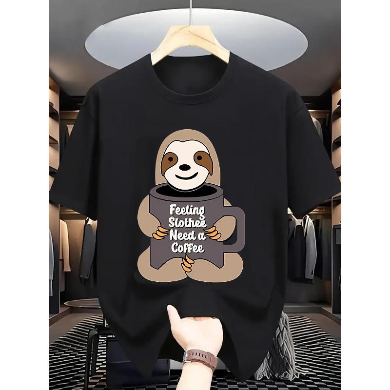 Cute Sloth Coffee Print Men's U-Neck T-Shirt, Featuring a Humorous and Playful Design, Perfect for Casual Casual Attire. Suitable for All Seasons
