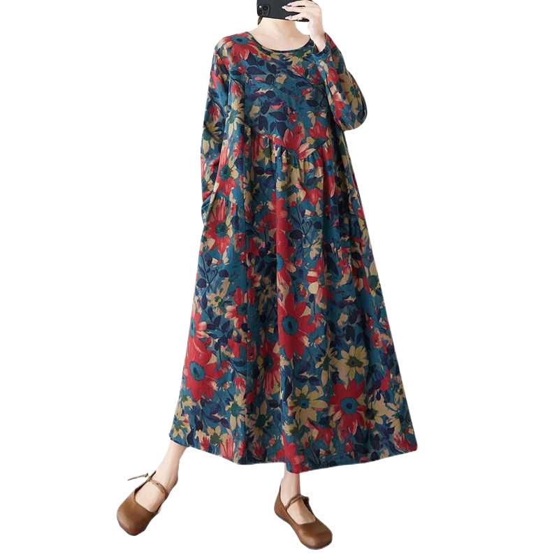 Frühling und Sommer Neuer Stil Retro Baumwolle und Hanf Rundhals Tasche Langarmkleid Damen Locker Dünn A-Linien-Rock