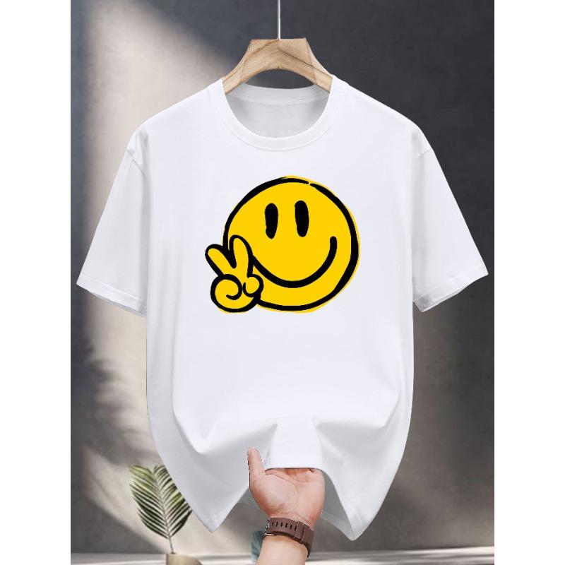 European Sizes [Men's Happy Face T-Shirt] Men's Short Sleeve T-Shirt - Happy Face Print, Regular Fit Crew Neck Casual Summer Top