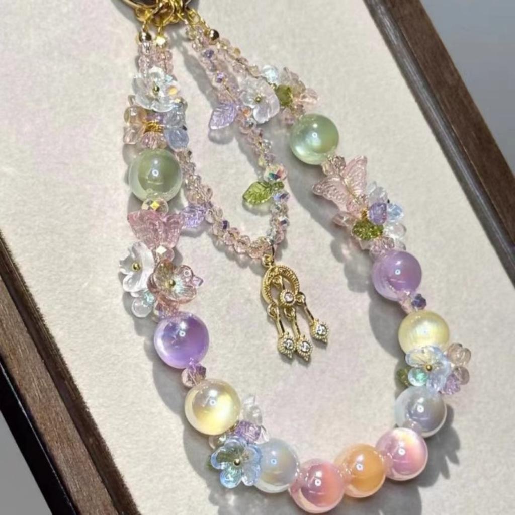 Spring and summer new beaded mobile phone lanyard versatile flower glazed bead resin mobile phone lanyard ccd key chain sliver