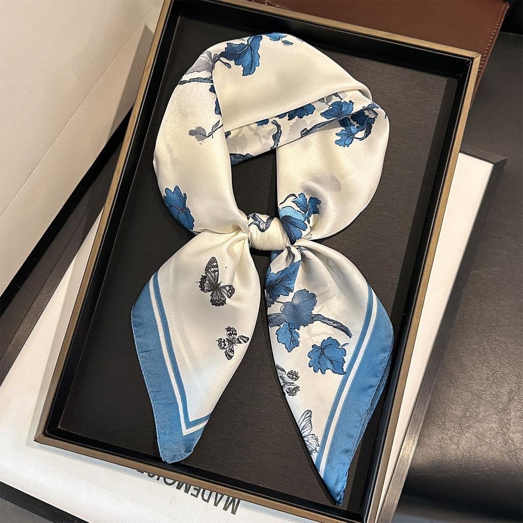 Retro Floral Print Silk Square Scarf Women Bag Ribbons Soft Satin Kerchief Hairband Head Scarves Decorate Hijab Female Headband