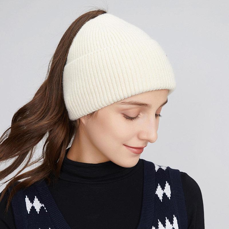 A Women's Knitted Hat with Exposed Braids, Autumn and Winter Thick Ear Protection Hat, Women's High Ponytail Braid