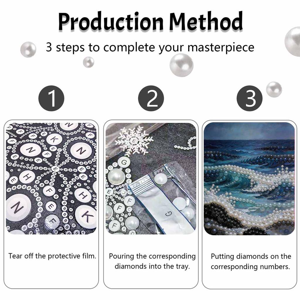 Ocean Waves and Pearls Diamond Painting Art Kit DIY Gemstone Beading Craft Kit Home Wall Decoration