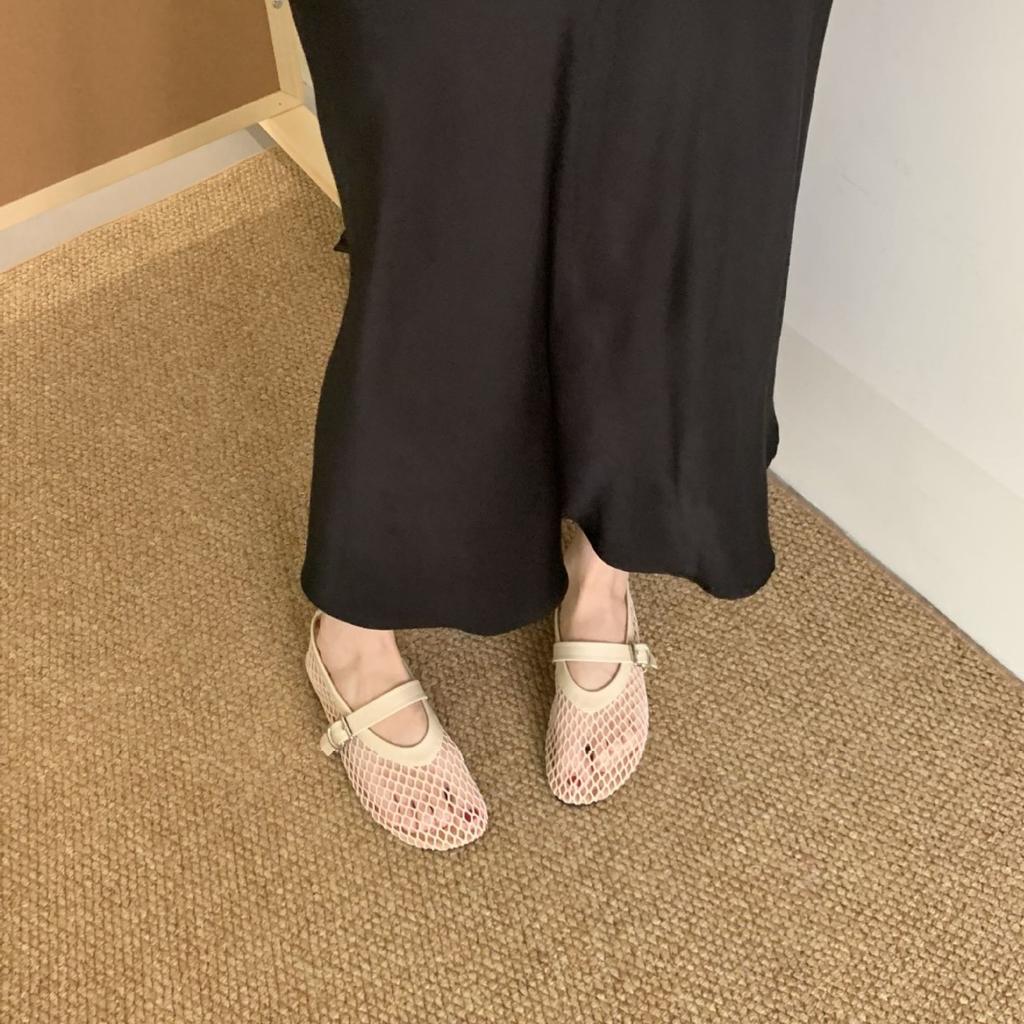 Happyfeeling One-word Buckle Strap Single Shoes Women's 2025 Summer New Flat-bottomed Hollowed-out Mary Jane Fishing Net Shoes