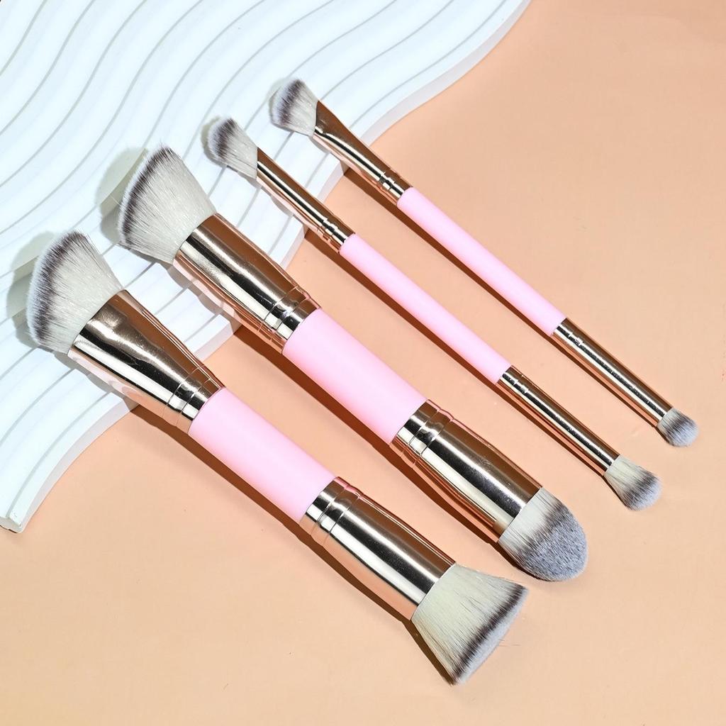 4-Piece Dual-End Makeup Brush Set: Foundation, Blush, Contour, Eye Shadow Blending with Soft Three-Color Bristles