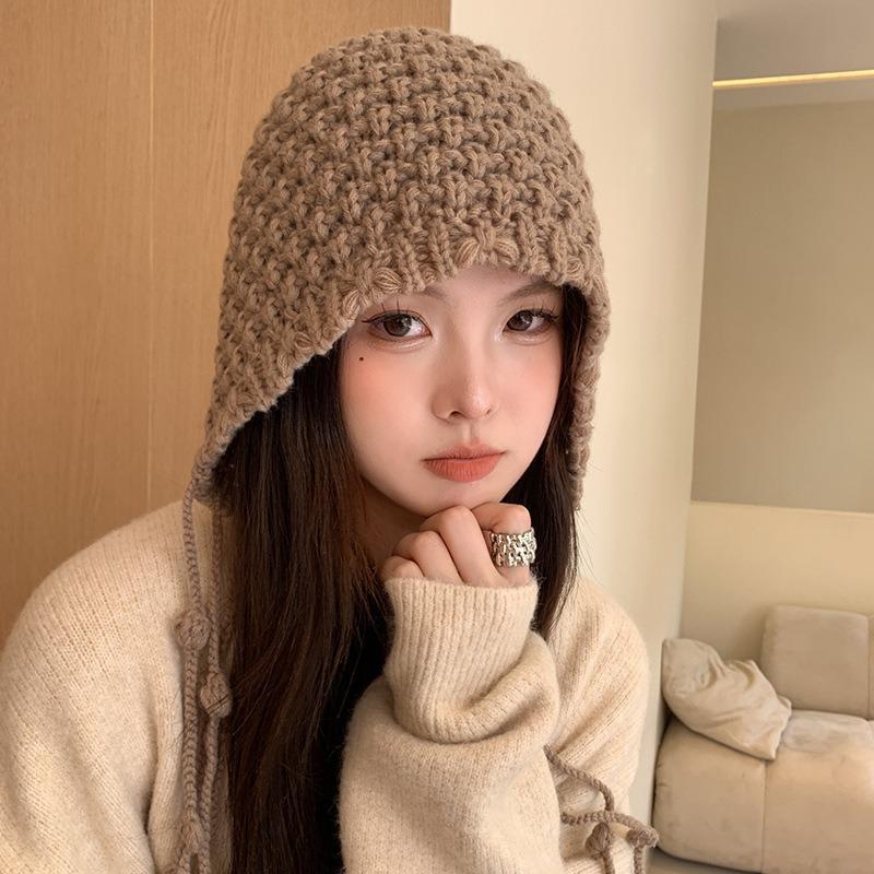 Autumn and winter warm wool hat, hand-woven hollow bald hat, women's fringed ear protector, sleeves, knitted hat