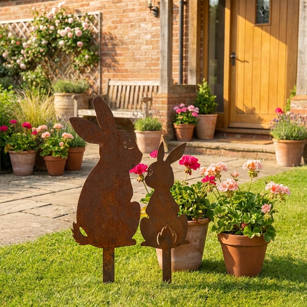 2PCS Rustic Metal Rabbit Garden Stakes Easter Yard Art Lawn Decor