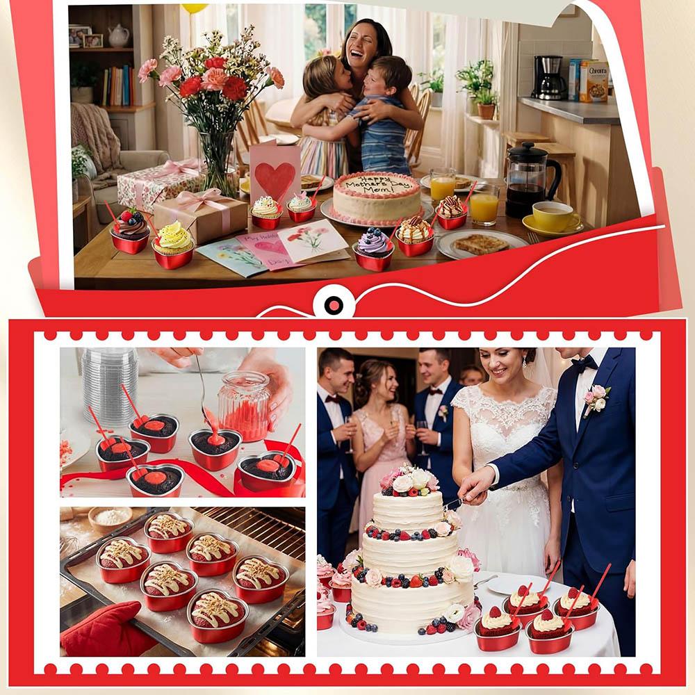 25/50 Heart-Shaped Aluminum Foil Cake Cups with Lids,Heat Resistant Baking Cups,Pudding Cupcake Cup,Perfect for Valentine's Day