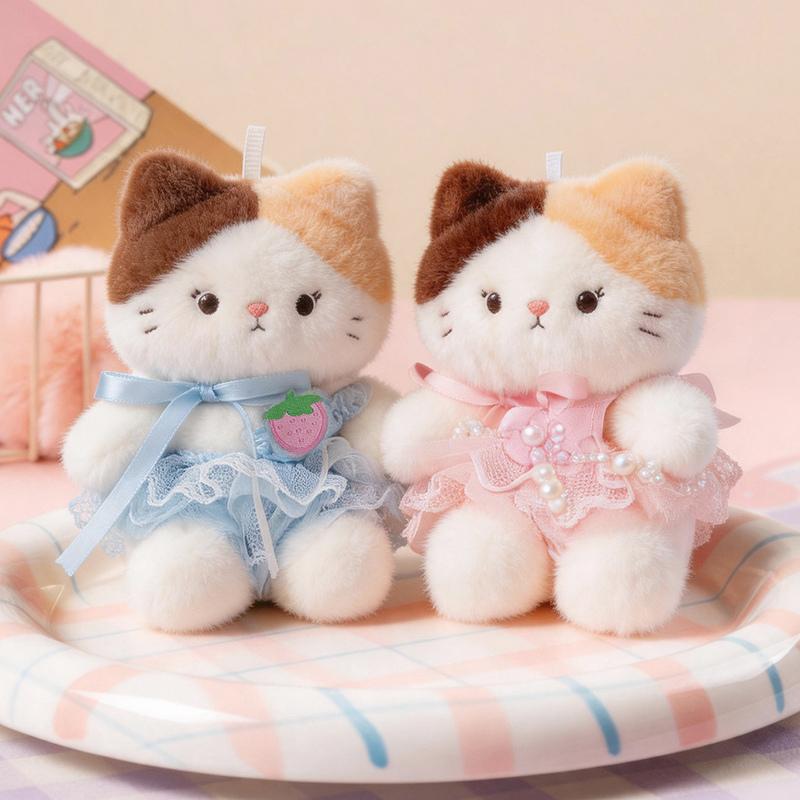 Adorable Cat Plush Keychain Stuffed Collection Soft Toy Accessory Kawaii With Pink Dress Oversized Glasses Bag Charm For