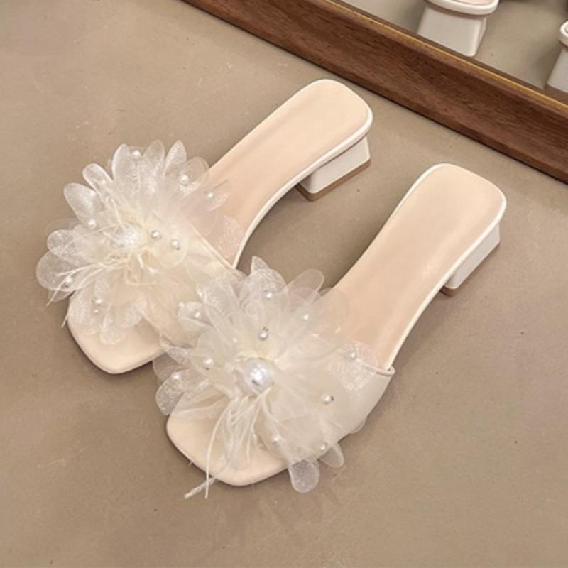 Fashion Pearl Lace Flower Flip-Flop Summer New Square Head Open Toe Soft Bottom Non-Slip Square Heel Lady Cool Drag