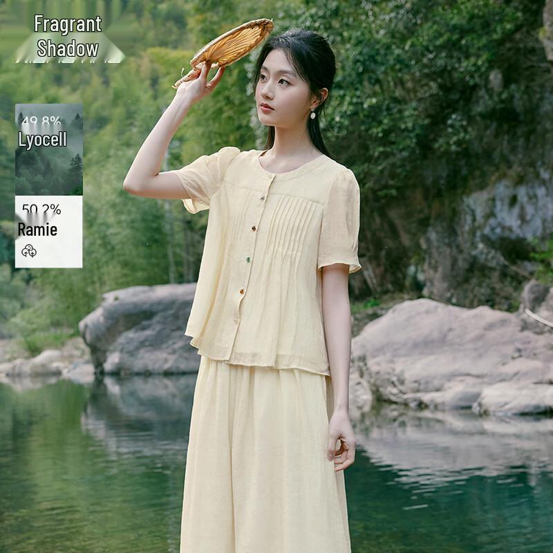 Xiangying 2025 Summer Round Neck Ramie Blouse M