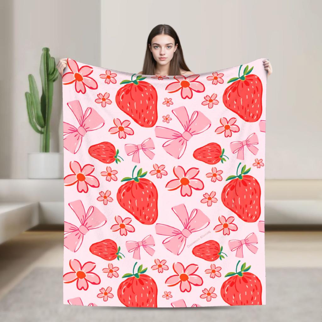 Pink Strawberry Print Flannel Blanket  Warm Soft Throw Blanket for Bedroom Camping Street Trend Bedspread Sofa Bed Cover