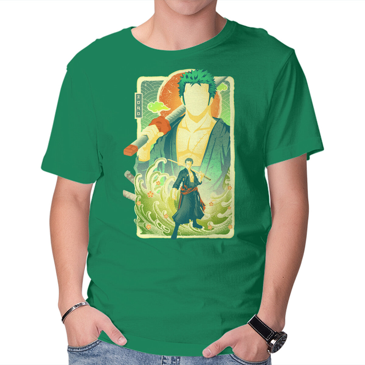 Unisex Crew Neck T-Shirt Great Wave Zoro Graphic Short Sleeve Casual Tee XXXXL