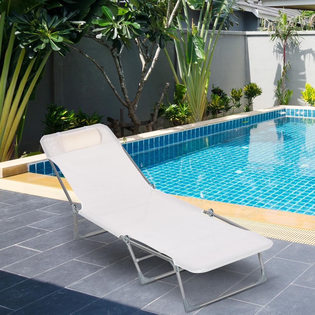 Sun Lounger Reclining Folding Deck Chair with Pillow Backrest Adjustable To 5 Levels Cream