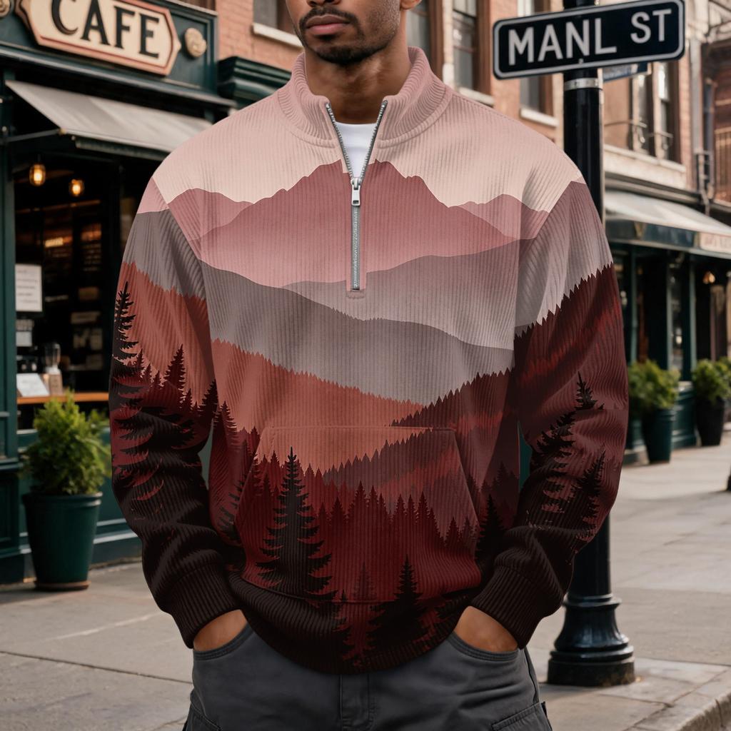 Men's Retro Corduroy Long Sleeve Shirt with Stand Collar and Pocket, Printed Casual Top