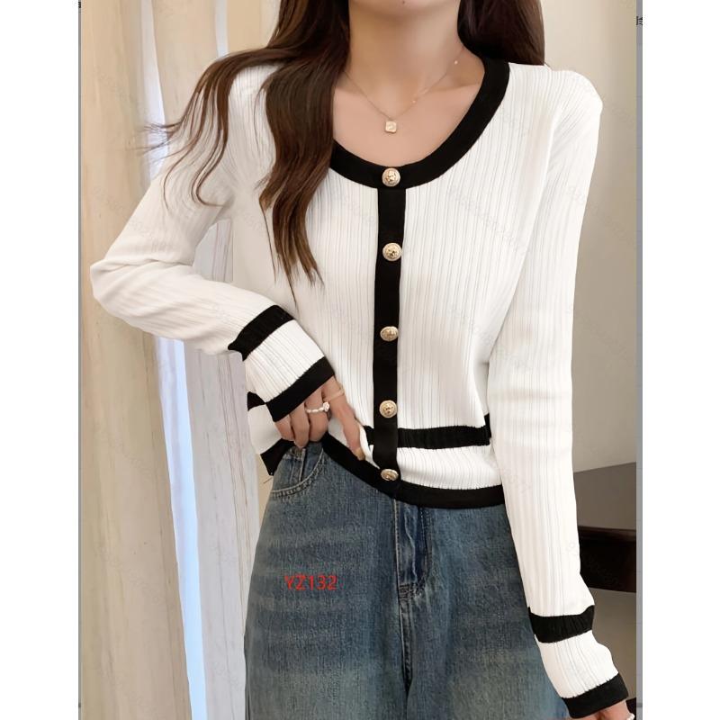 

Круглый вырез с длинными рукавами трикотаж женский весенний однобортный топ с высокой талией тонкий M белый