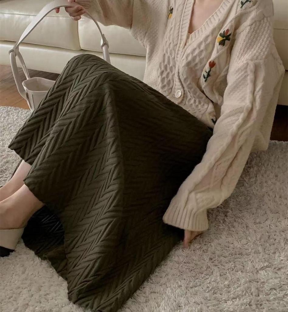 Herbst/Winter A-Linien Strukturierter Lagenstrickrock - Damen Elastischer Bund, Mittellang, Einfarbig