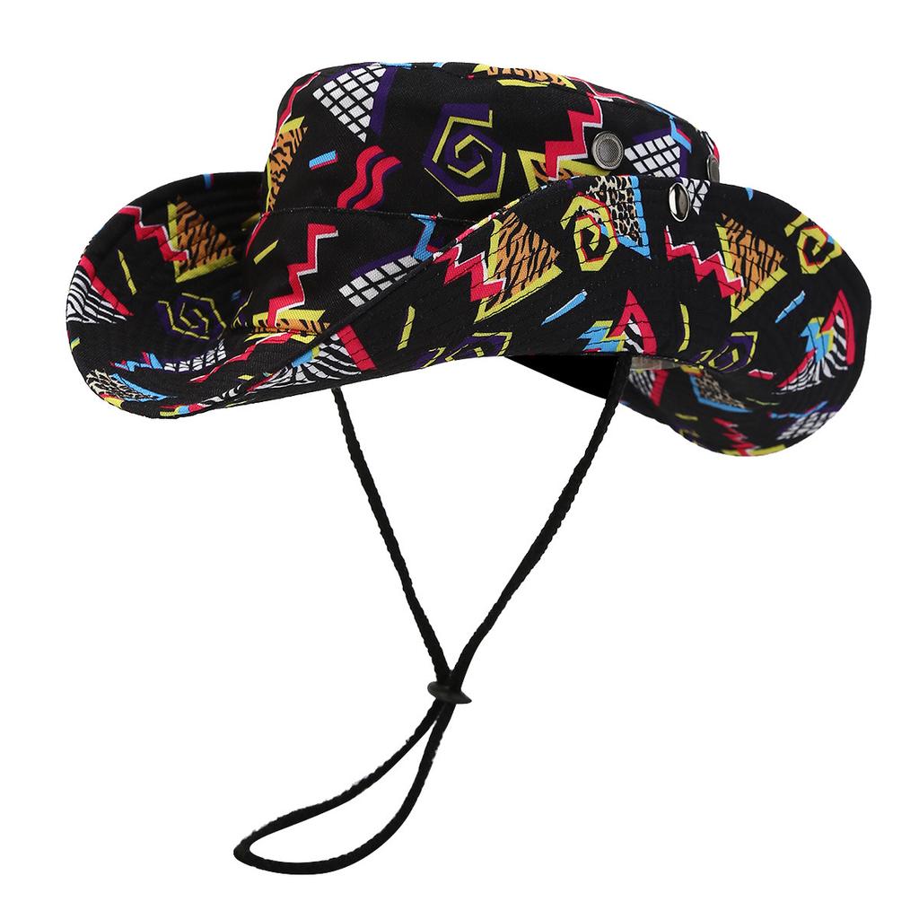 American New Big Eaves Western Denim Style Full Print Bucket Hat Men and Women Outdoor Sunscreen Sunshade Sun Hat Tide Basin Hat