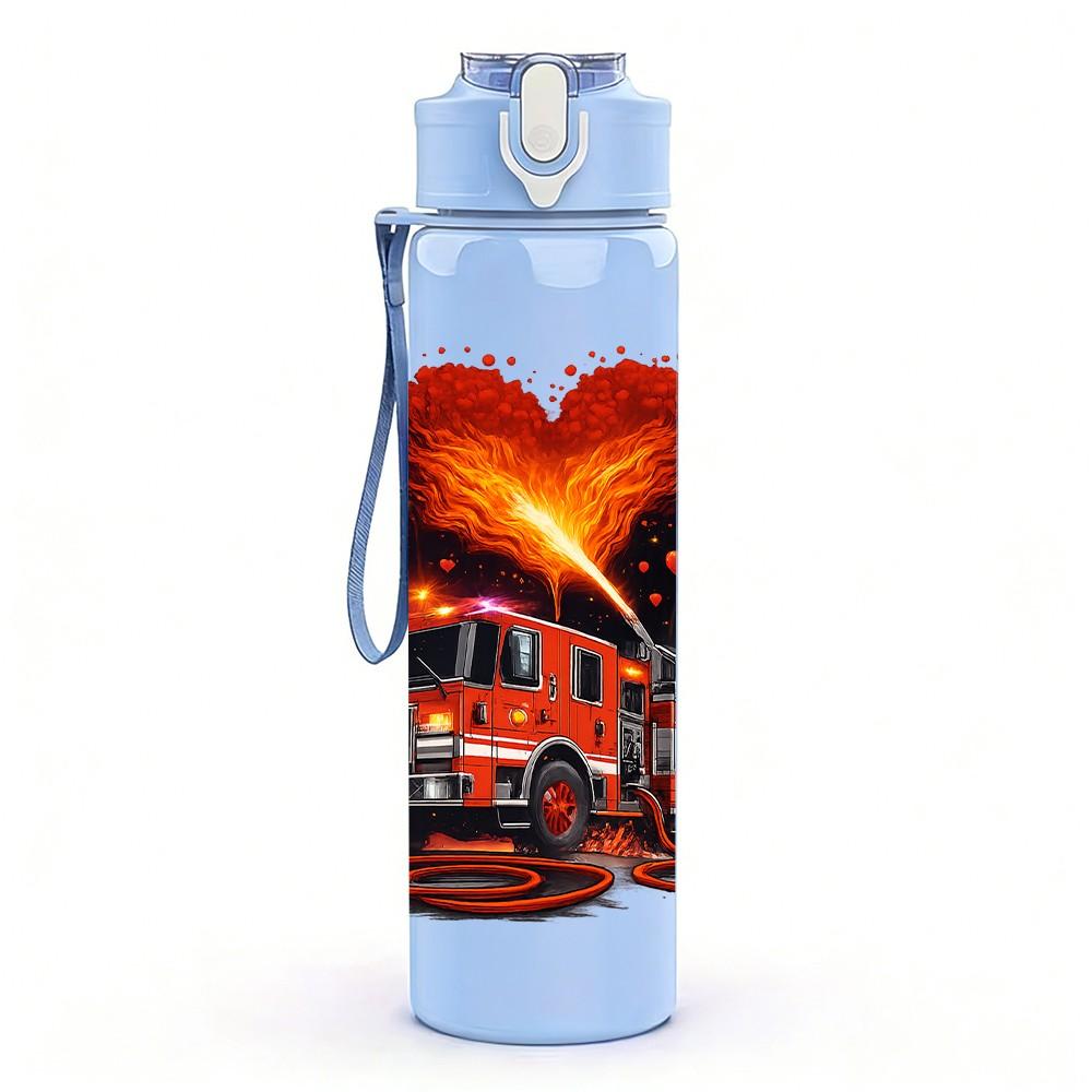 1PC Burning Fire Truck Art 750ml Color Plastic Sports Water Bottle Leakproof Flip Straw Lid Suitable for Sports Office Home Use
