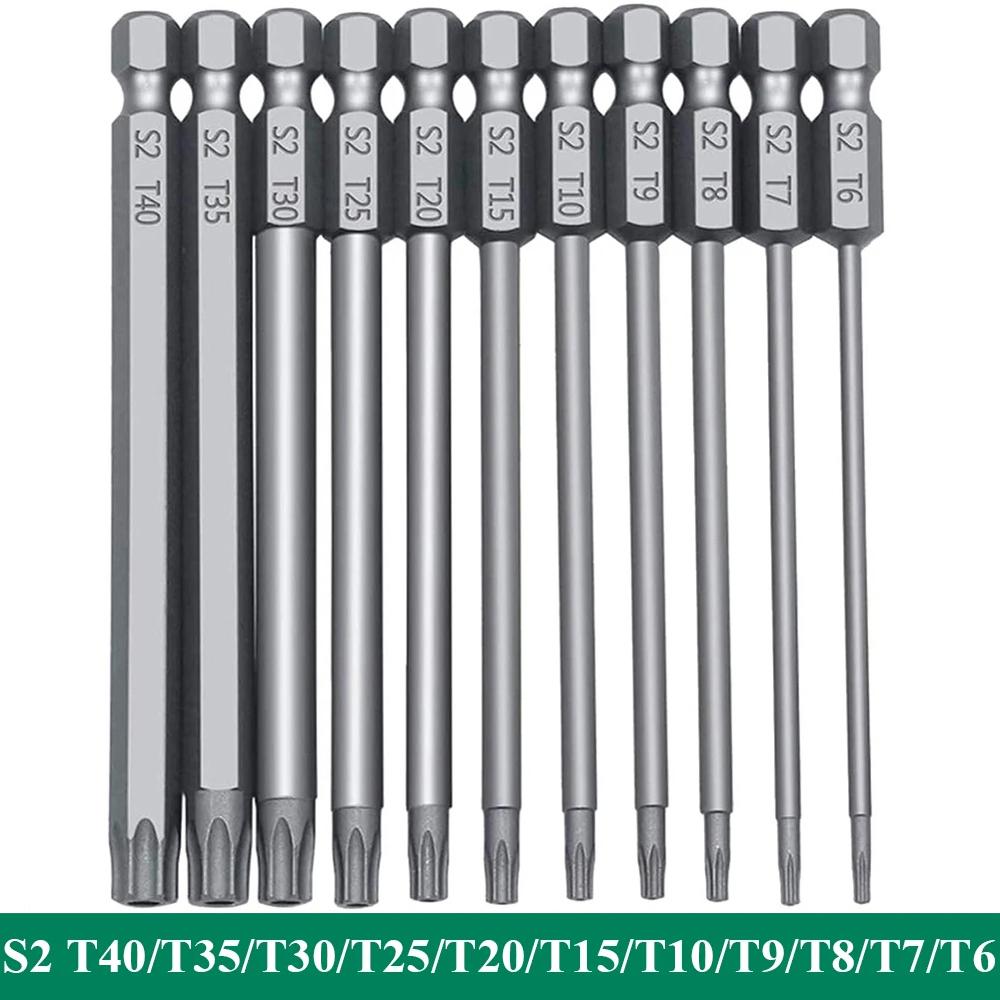 11PCS Torx Head Screwdriver Bit Set Magnetic 1/4" Hex Shank S2 Steel 3 Inch Long Drill Bits Security Torx Bits T6-T40 50/100mm