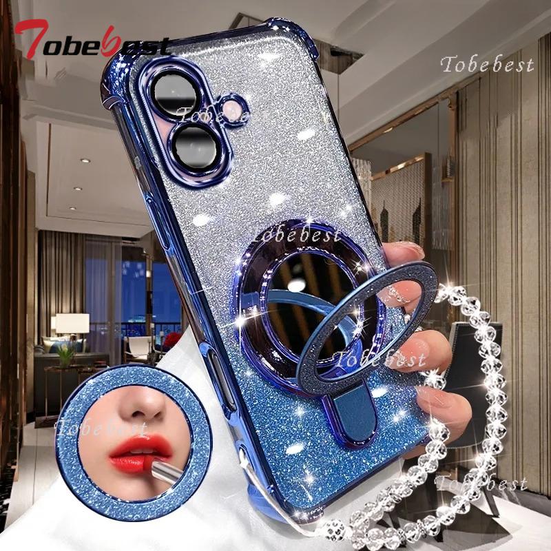 For iPhone 16 16E 15 14 13 12 11 Pro XS Max X XR Case Glitter Plating Makeup Mirror Magnetic Phone Holder Bracelet Cover