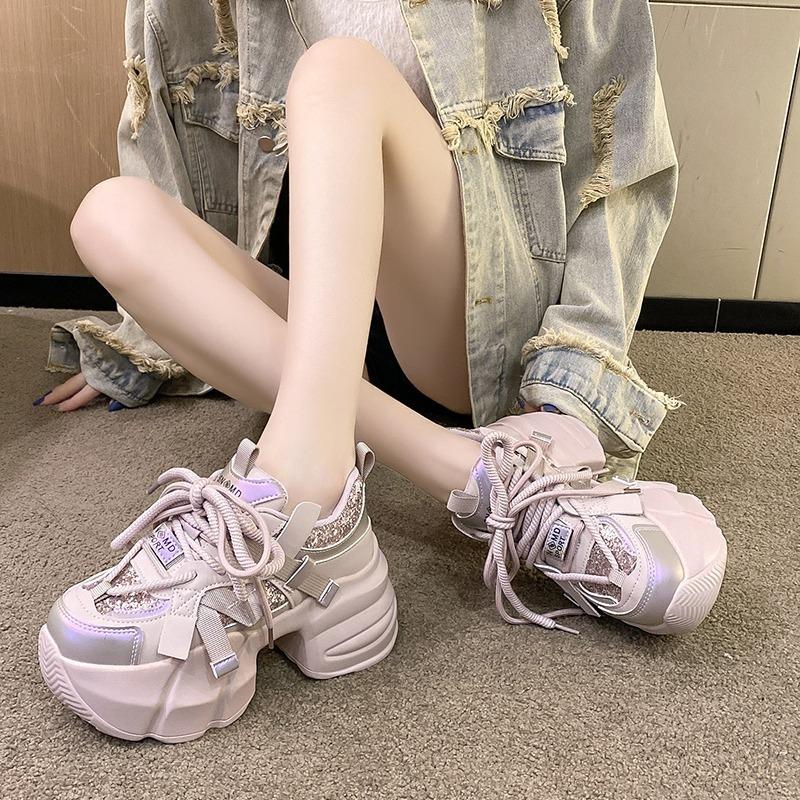 Fashion 2024 New Women Spring Chunky Sneakers Thick Bottom Leather Shoes High Platform Vulcanize Shoes Bling Casual Sports Dad Shoes 7CM
