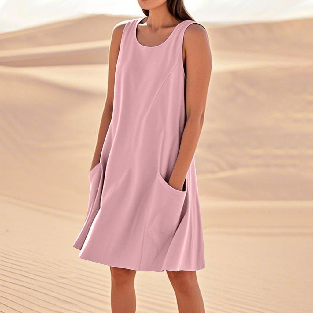 Sommerkleider für Damen, lockerer Strandurlaub, lässig, ärmellos, Sommerkleider mit Taschen, Tankkleid