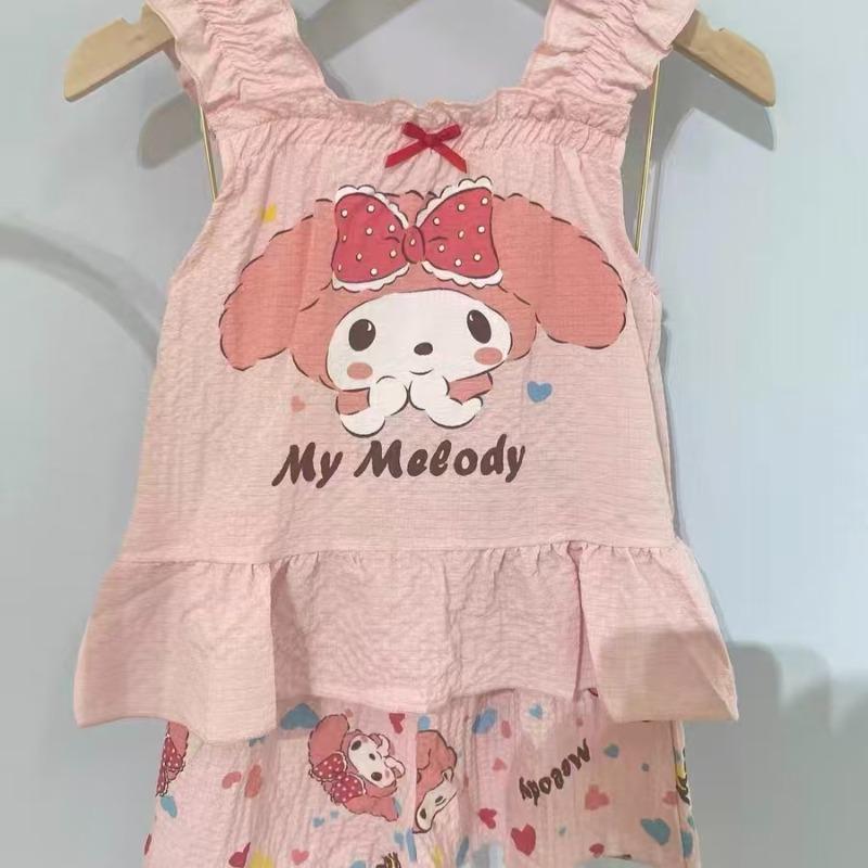 Children Suspender Set Summer Girl Pajamas Vest Shorts Cartoon Sleeveless Cute Melody Kuromi Cinnamoroll Soft Sleepwear 2PCS/Set