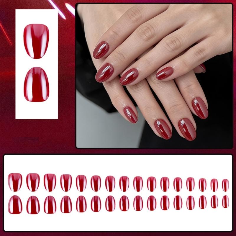 Pack Of 32 Short Oval Shape Press On Nail Retro Red Electroplating False Nail Fit Most Nail Beds Quick Application