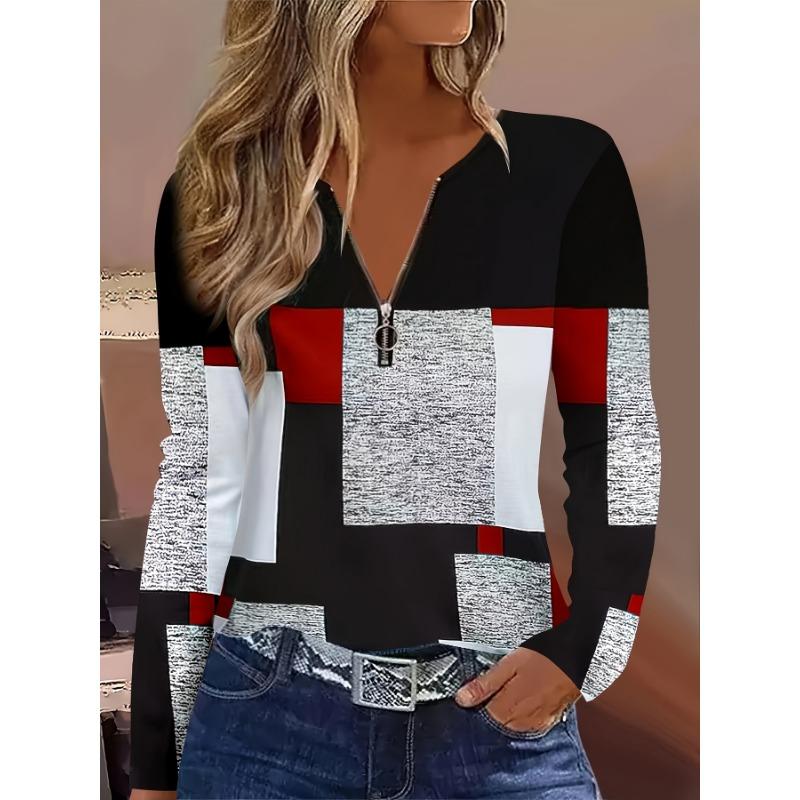 V-neck, T-blood Long Sleeved Style, Element Printed Pattern, Women s Garden Collar, Zipper, Long Sleeved S