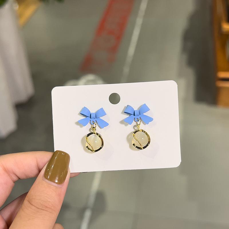 Sweet Round Opal Dangle Earrings for Women Party Golden Color Twist Metal Jewelry Trendy Korean Blue Bow Drop Earrings