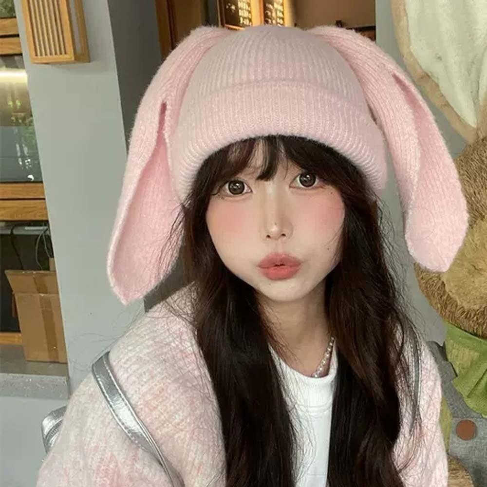 Elastic Bunny Pullover Cap Korean Style Solid Color Knitted Hat Woolen Hat Rabbit Ears Cap  Kids