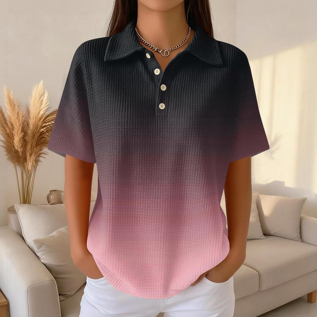 Polo Décontracté à Manches Courtes pour Femme en Tricot Gaufré Col Boutonné Coupe Ample Haut Léger pour un Usage Quotidien