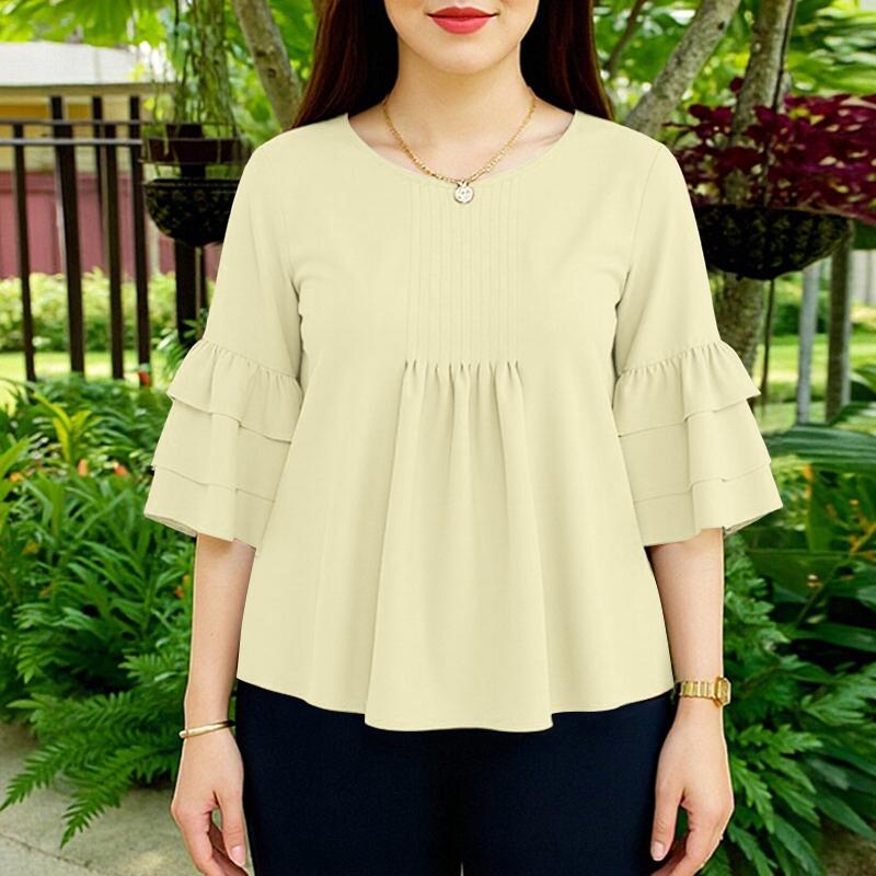 ZANZEA Women Casual Round Neck Solid Color 3/4 Sleeve Loose Blouse