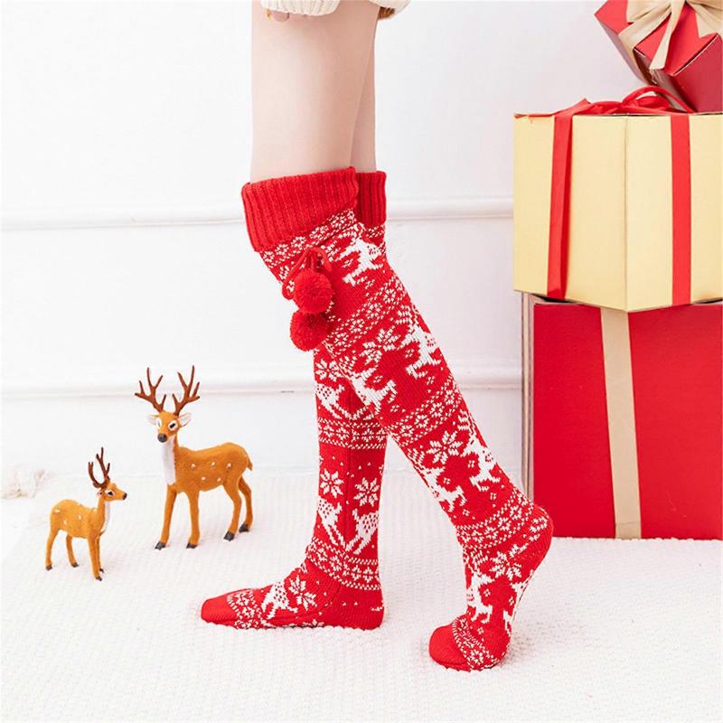 Over the Knee Christmas Long Socks Jacquard Knitted Thigh High Stockings Leg Warmers with Plush Balls Bows for Women  Red