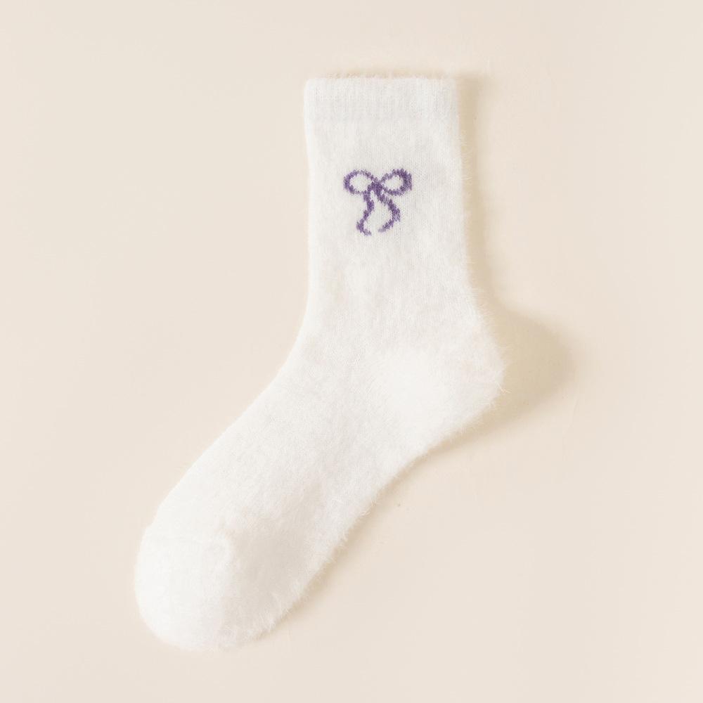 

Носки из меха норки, женские носки до середины икры, осенне-зимние утолщенные плюшевые носки-бантики для сна и дома, зимние теплые длинные носки до икры 1 pair фиолетовый