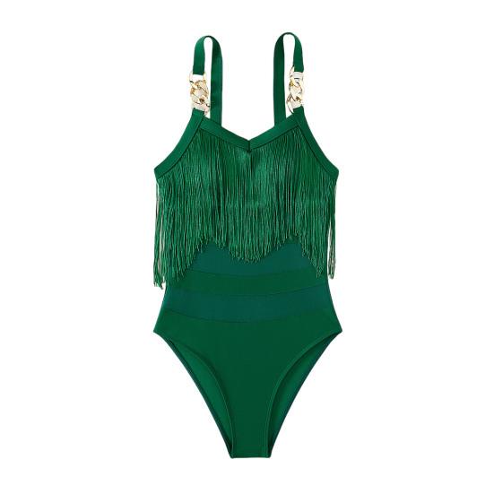 Women Sexy Monokini Sling Sleeveless Tassel Decor Swimsuit Mesh Splicing Backless Design One-piece Bikini