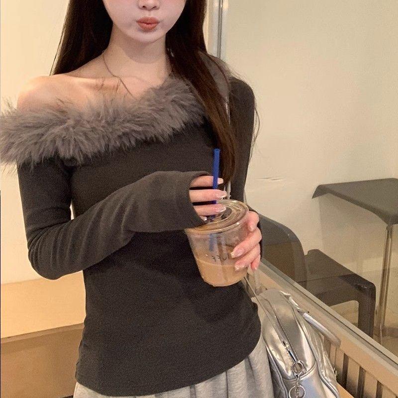 

American Style Sloping Shoulder Top for Women Autumn New Sexy Design Fur Collar Hottie Long Sleeve L сірий